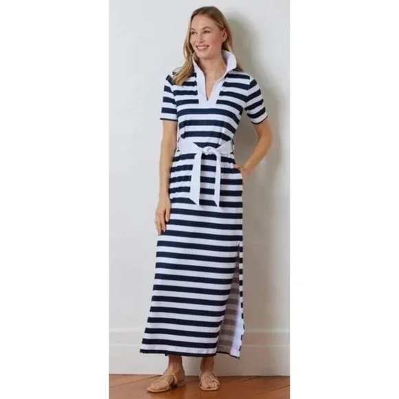Dudley Stephens Madaket Maxi in Navy Cabana Stripe Sz S Belted Polo Collar Luxe - Picture 1 of 13